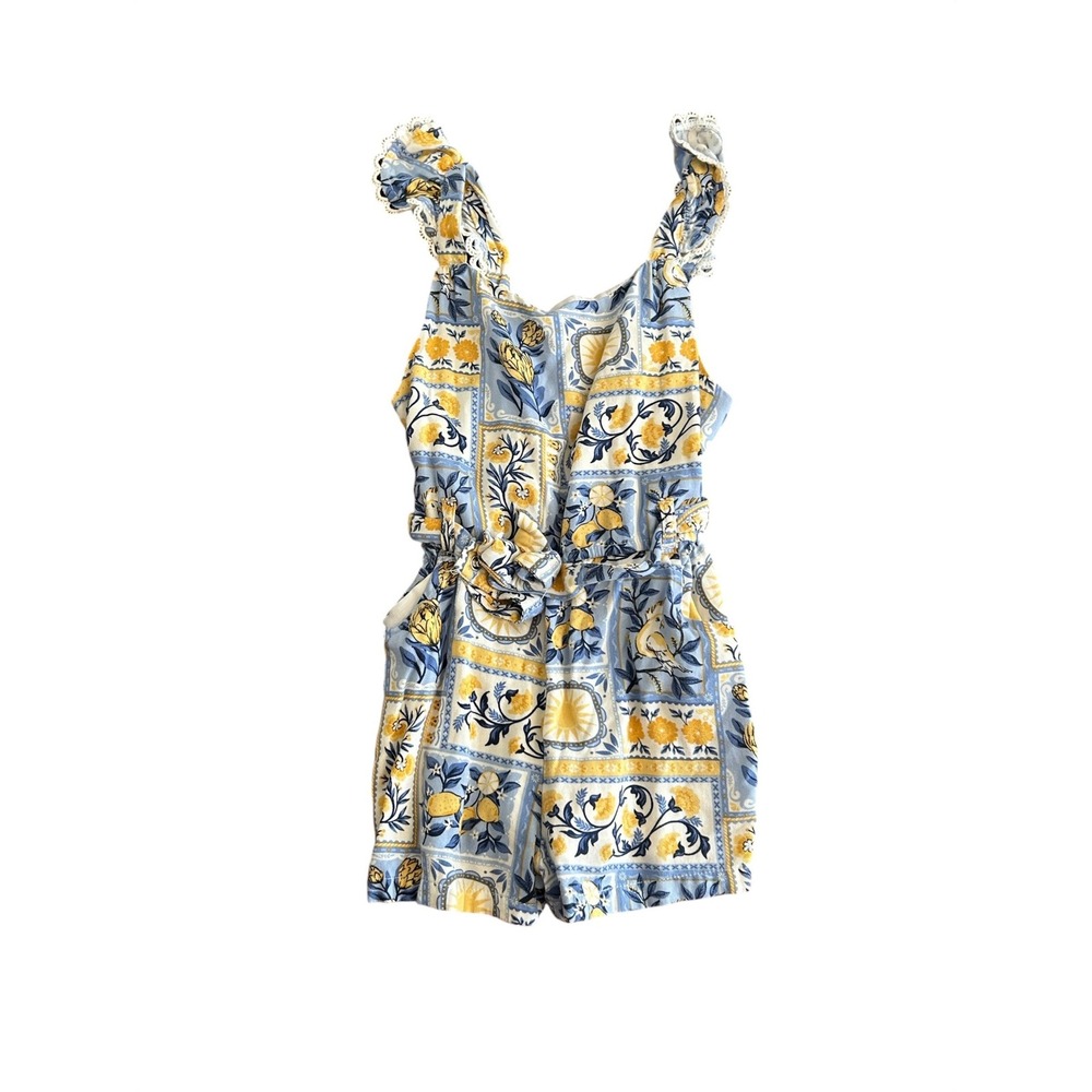 Tommy Bahama Girls Blue Yellow Floral Mediterranean Tile Print Romper Size S 5/6